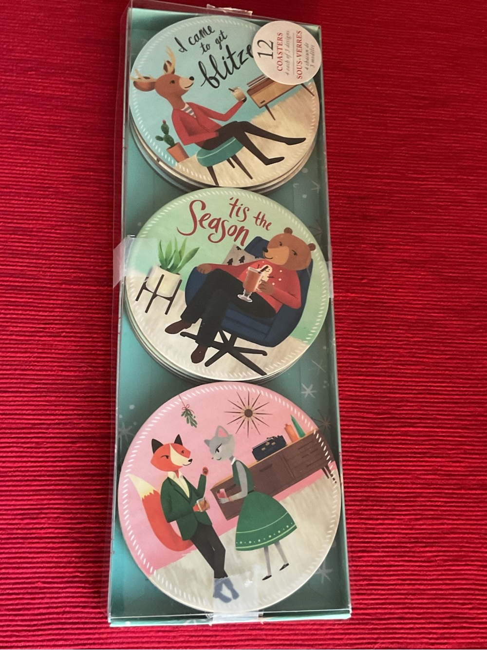 NIB Molly & Rex Holiday Cocktail Coasters in Retro Animal Design, Set of 12